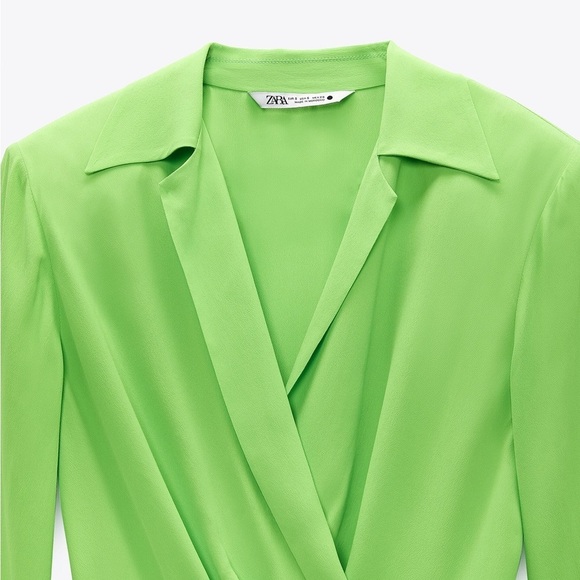 🌹NWT. Zara Neon Green Collared Mini Dress with Surplice V-neckline. Size M - Picture 9 of 12